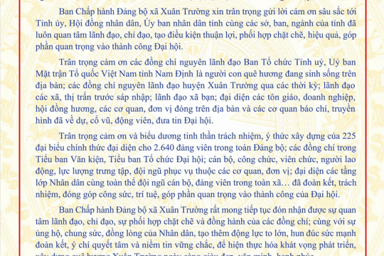 Thư cảm ơn của Ban Chấp hành Đảng bộ xã Xuân Trường 